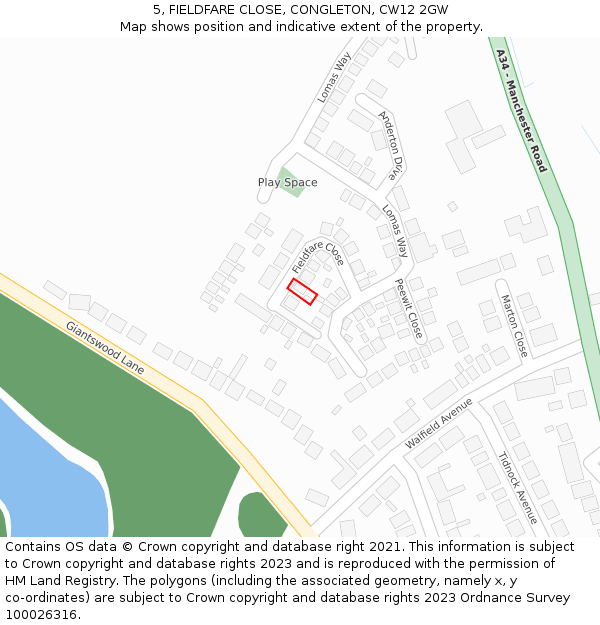 5, FIELDFARE CLOSE, CONGLETON, CW12 2GW: Location map and indicative extent of plot