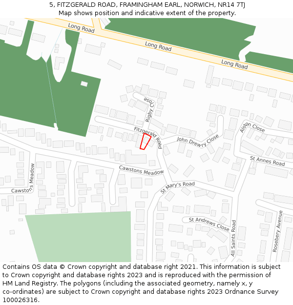 5, FITZGERALD ROAD, FRAMINGHAM EARL, NORWICH, NR14 7TJ: Location map and indicative extent of plot