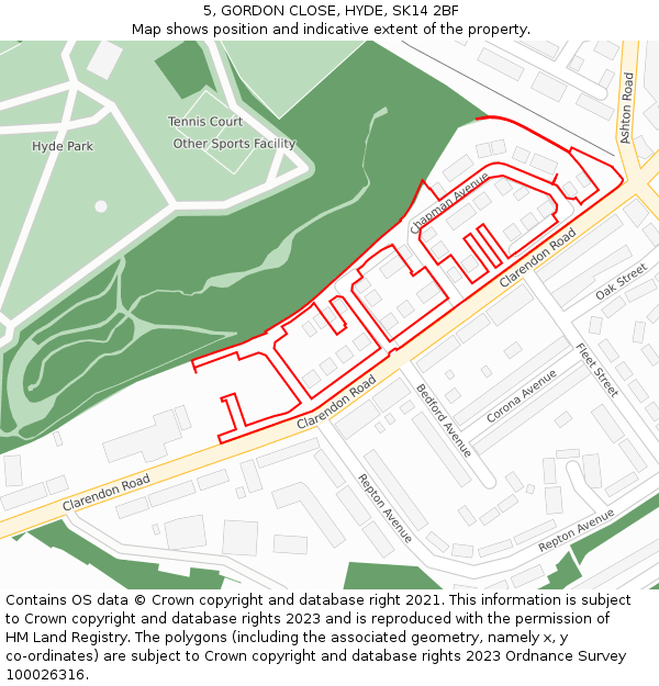 5, GORDON CLOSE, HYDE, SK14 2BF: Location map and indicative extent of plot