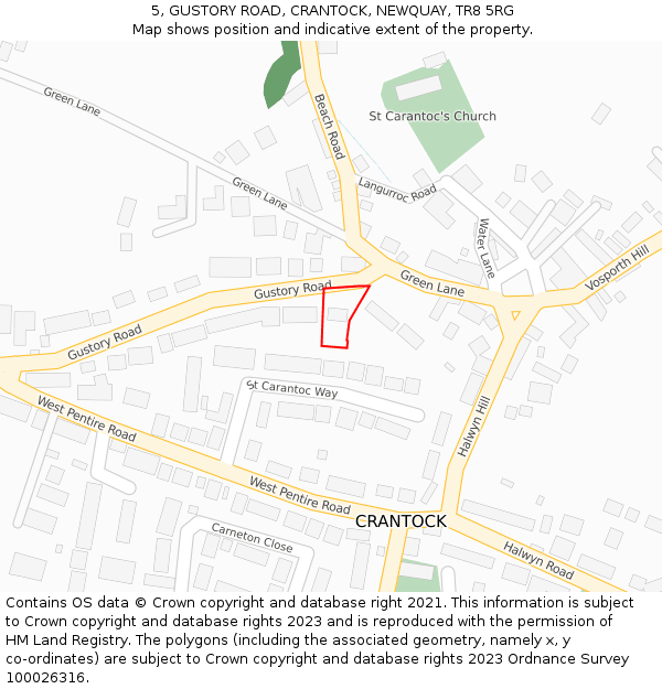 5, GUSTORY ROAD, CRANTOCK, NEWQUAY, TR8 5RG: Location map and indicative extent of plot