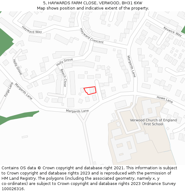 5, HAYWARDS FARM CLOSE, VERWOOD, BH31 6XW: Location map and indicative extent of plot