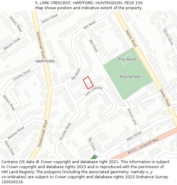 5, LARK CRESCENT, HARTFORD, HUNTINGDON, PE29 1YN: Location map and indicative extent of plot