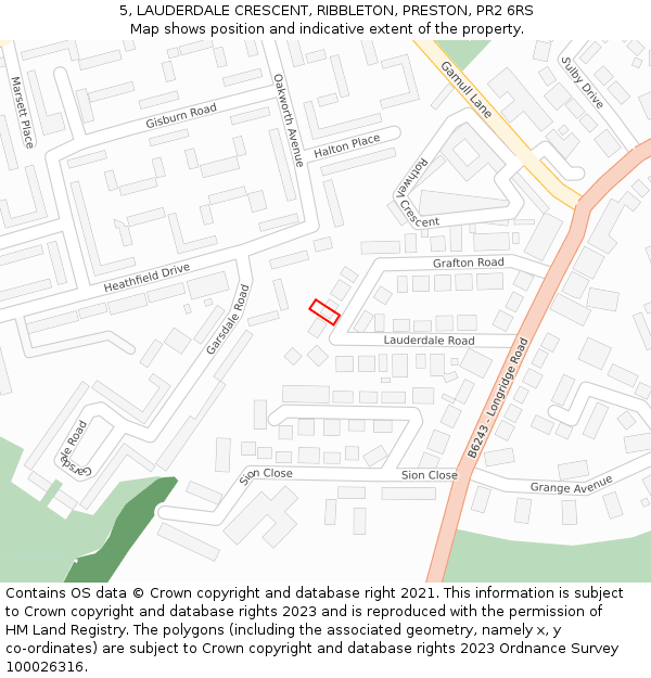 5, LAUDERDALE CRESCENT, RIBBLETON, PRESTON, PR2 6RS: Location map and indicative extent of plot