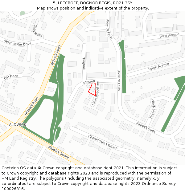 5, LEECROFT, BOGNOR REGIS, PO21 3SY: Location map and indicative extent of plot