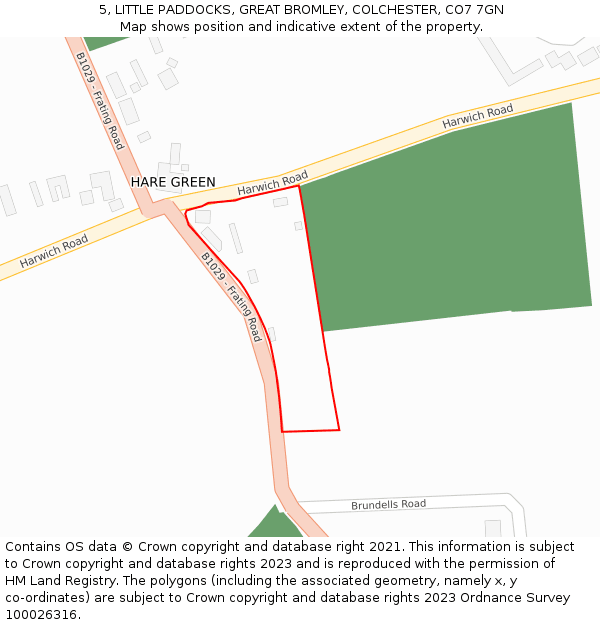 5, LITTLE PADDOCKS, GREAT BROMLEY, COLCHESTER, CO7 7GN: Location map and indicative extent of plot