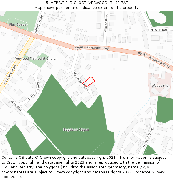 5, MERRYFIELD CLOSE, VERWOOD, BH31 7AT: Location map and indicative extent of plot