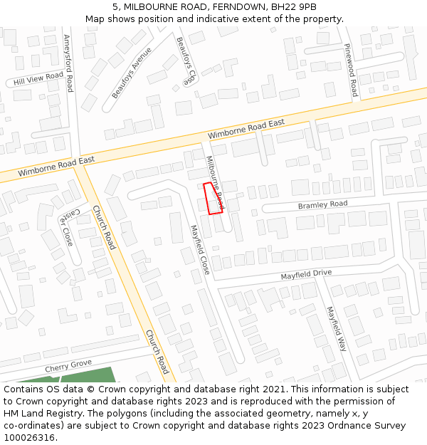 5, MILBOURNE ROAD, FERNDOWN, BH22 9PB: Location map and indicative extent of plot