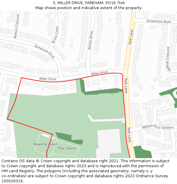 5, MILLER DRIVE, FAREHAM, PO16 7NA: Location map and indicative extent of plot