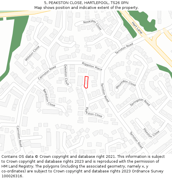 5, PEAKSTON CLOSE, HARTLEPOOL, TS26 0PN: Location map and indicative extent of plot