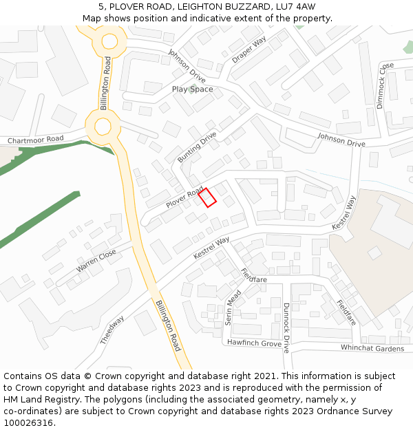 5, PLOVER ROAD, LEIGHTON BUZZARD, LU7 4AW: Location map and indicative extent of plot