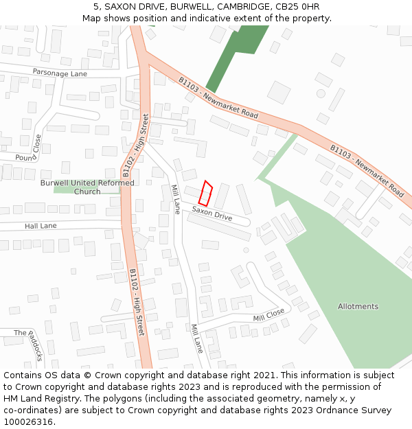 5, SAXON DRIVE, BURWELL, CAMBRIDGE, CB25 0HR: Location map and indicative extent of plot