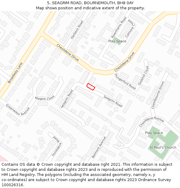 5, SEAGRIM ROAD, BOURNEMOUTH, BH8 0AY: Location map and indicative extent of plot