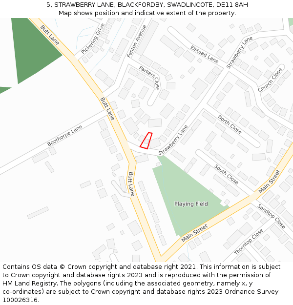 5, STRAWBERRY LANE, BLACKFORDBY, SWADLINCOTE, DE11 8AH: Location map and indicative extent of plot