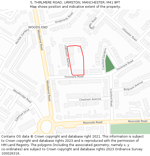 5, THIRLMERE ROAD, URMSTON, MANCHESTER, M41 8PT: Location map and indicative extent of plot