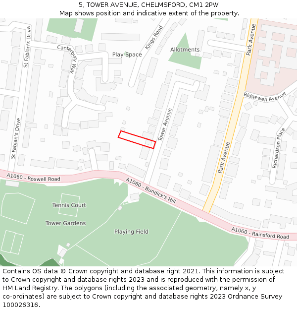 5, TOWER AVENUE, CHELMSFORD, CM1 2PW: Location map and indicative extent of plot