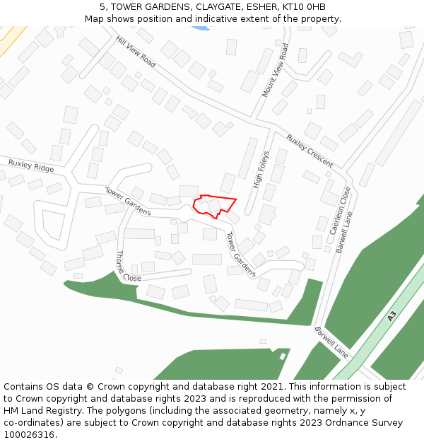 5, TOWER GARDENS, CLAYGATE, ESHER, KT10 0HB: Location map and indicative extent of plot