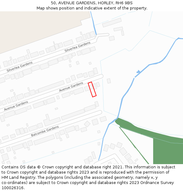 50, AVENUE GARDENS, HORLEY, RH6 9BS: Location map and indicative extent of plot