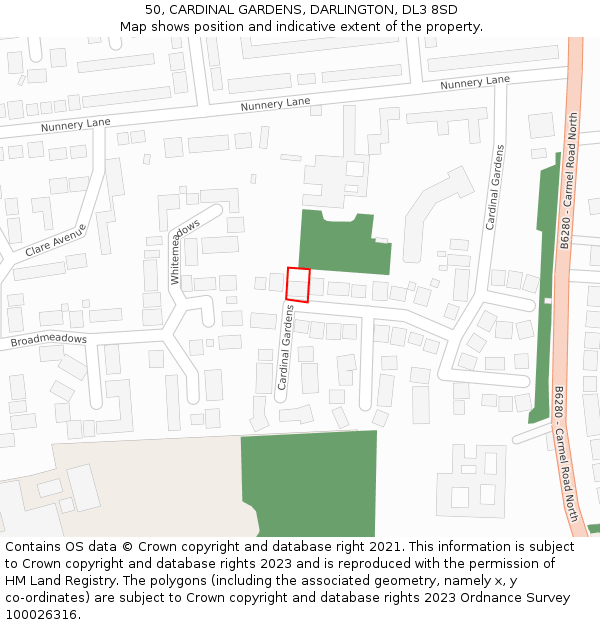 50, CARDINAL GARDENS, DARLINGTON, DL3 8SD: Location map and indicative extent of plot