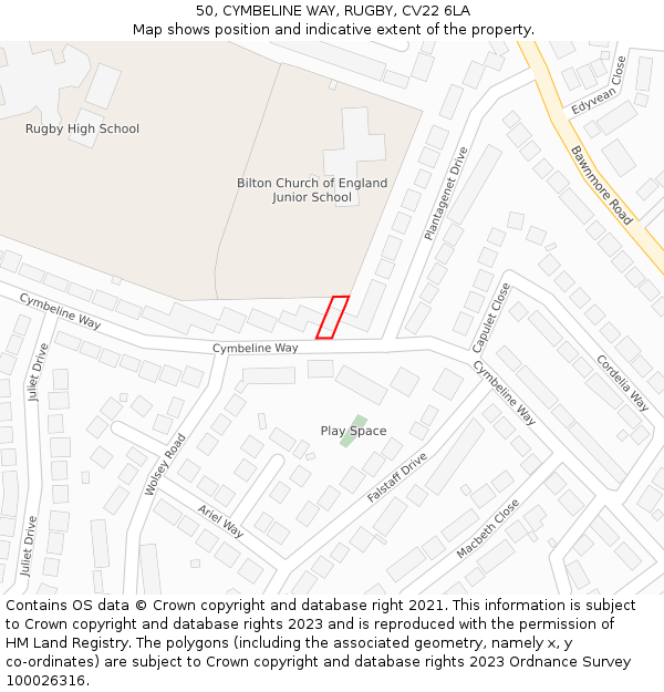 50, CYMBELINE WAY, RUGBY, CV22 6LA: Location map and indicative extent of plot