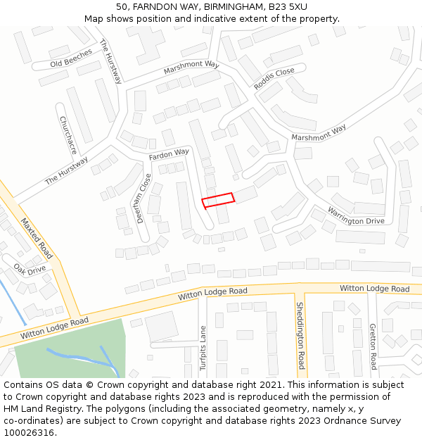 50, FARNDON WAY, BIRMINGHAM, B23 5XU: Location map and indicative extent of plot