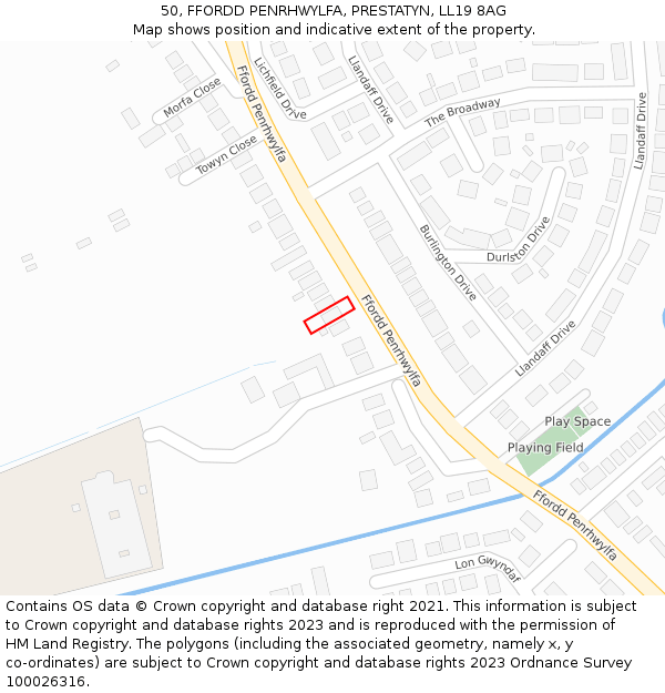 50, FFORDD PENRHWYLFA, PRESTATYN, LL19 8AG: Location map and indicative extent of plot