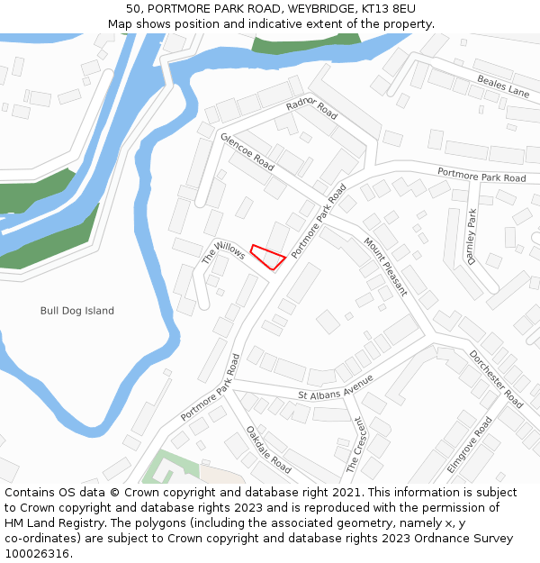 50, PORTMORE PARK ROAD, WEYBRIDGE, KT13 8EU: Location map and indicative extent of plot