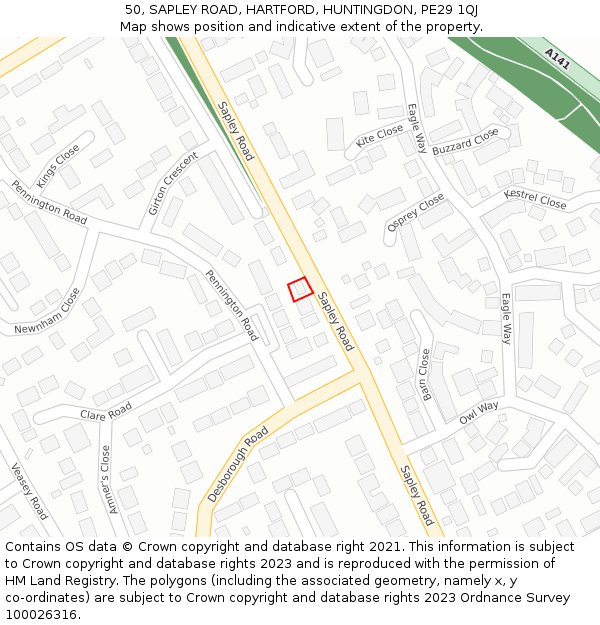 50, SAPLEY ROAD, HARTFORD, HUNTINGDON, PE29 1QJ: Location map and indicative extent of plot