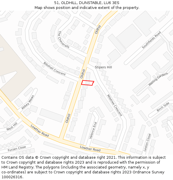 51, OLDHILL, DUNSTABLE, LU6 3ES: Location map and indicative extent of plot