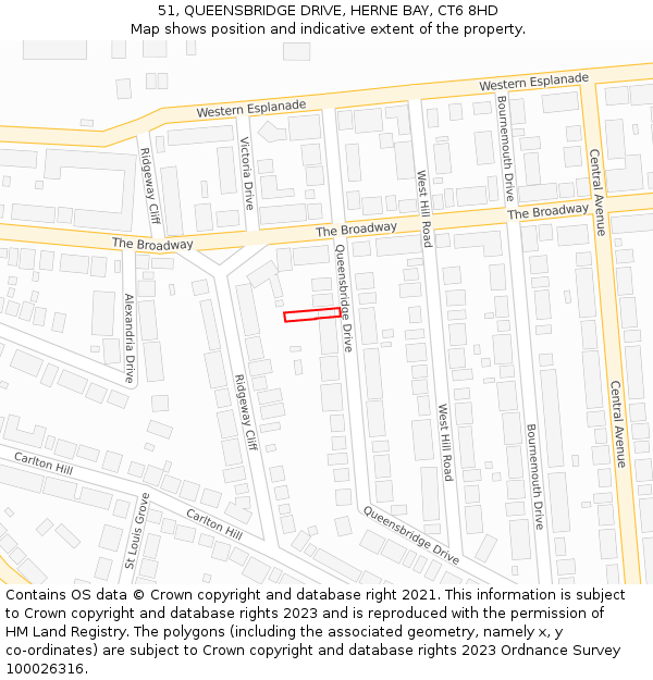 51, QUEENSBRIDGE DRIVE, HERNE BAY, CT6 8HD: Location map and indicative extent of plot