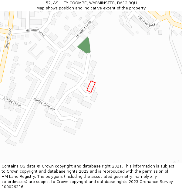 52, ASHLEY COOMBE, WARMINSTER, BA12 9QU: Location map and indicative extent of plot