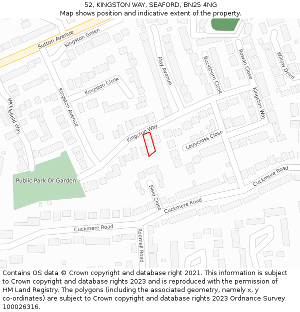 52, KINGSTON WAY, SEAFORD, BN25 4NG: Location map and indicative extent of plot