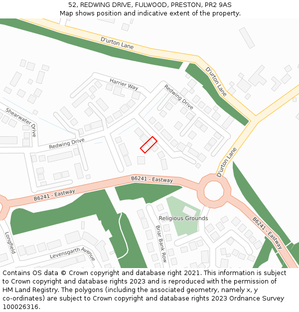 52, REDWING DRIVE, FULWOOD, PRESTON, PR2 9AS: Location map and indicative extent of plot