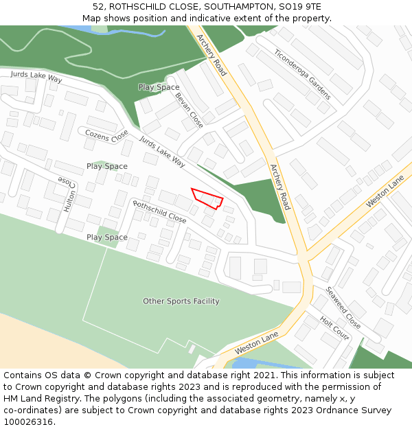 52, ROTHSCHILD CLOSE, SOUTHAMPTON, SO19 9TE: Location map and indicative extent of plot