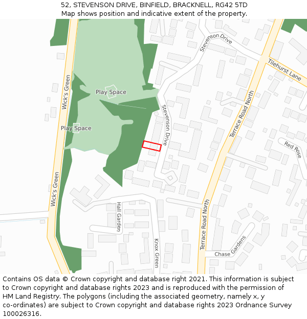 52, STEVENSON DRIVE, BINFIELD, BRACKNELL, RG42 5TD: Location map and indicative extent of plot