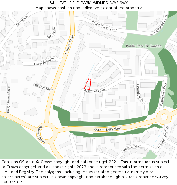 54, HEATHFIELD PARK, WIDNES, WA8 9WX: Location map and indicative extent of plot