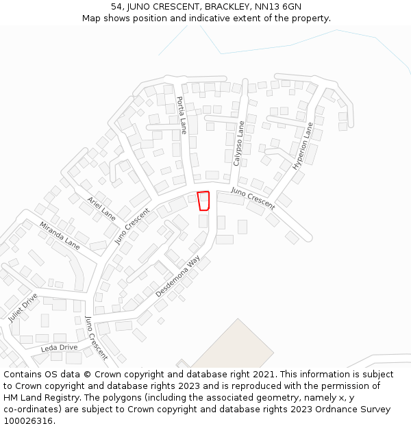 54, JUNO CRESCENT, BRACKLEY, NN13 6GN: Location map and indicative extent of plot