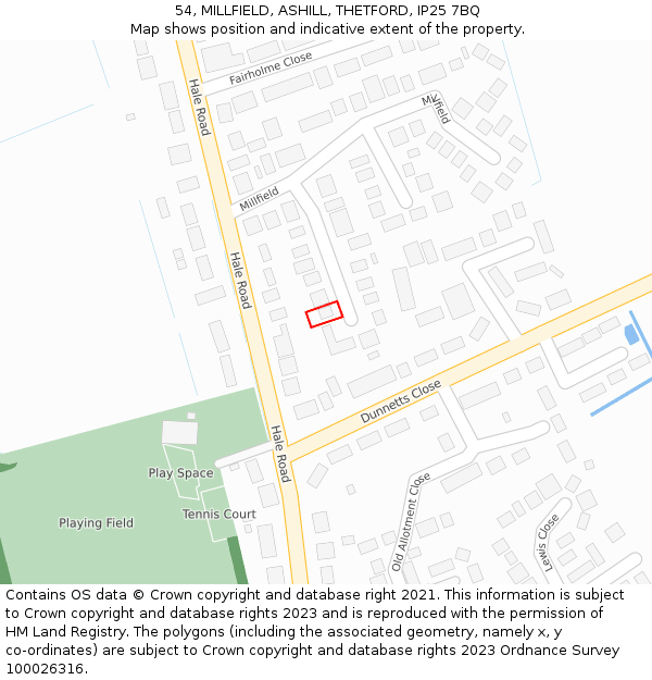 54, MILLFIELD, ASHILL, THETFORD, IP25 7BQ: Location map and indicative extent of plot