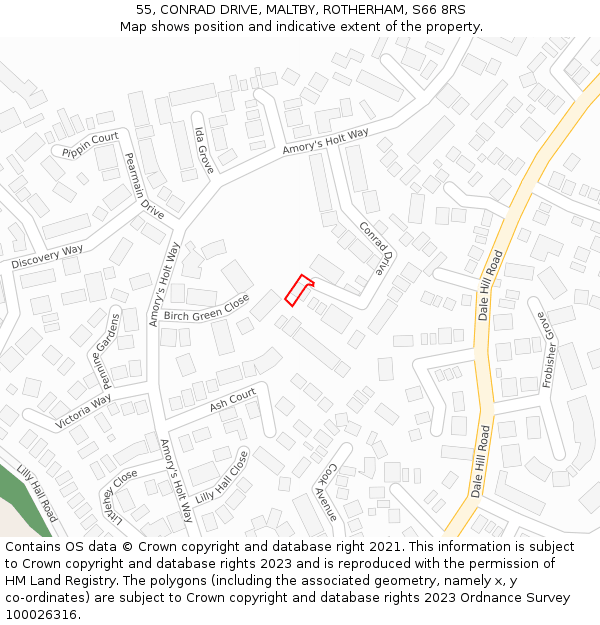 55, CONRAD DRIVE, MALTBY, ROTHERHAM, S66 8RS: Location map and indicative extent of plot