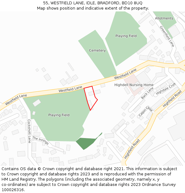 55, WESTFIELD LANE, IDLE, BRADFORD, BD10 8UQ: Location map and indicative extent of plot