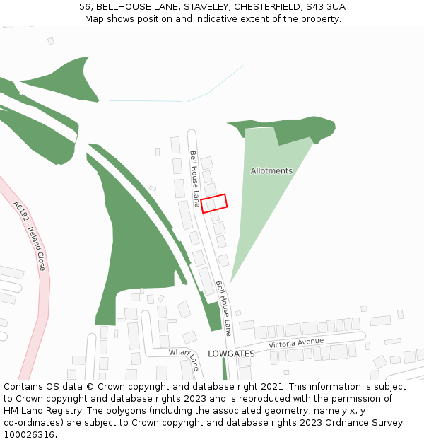 56, BELLHOUSE LANE, STAVELEY, CHESTERFIELD, S43 3UA: Location map and indicative extent of plot