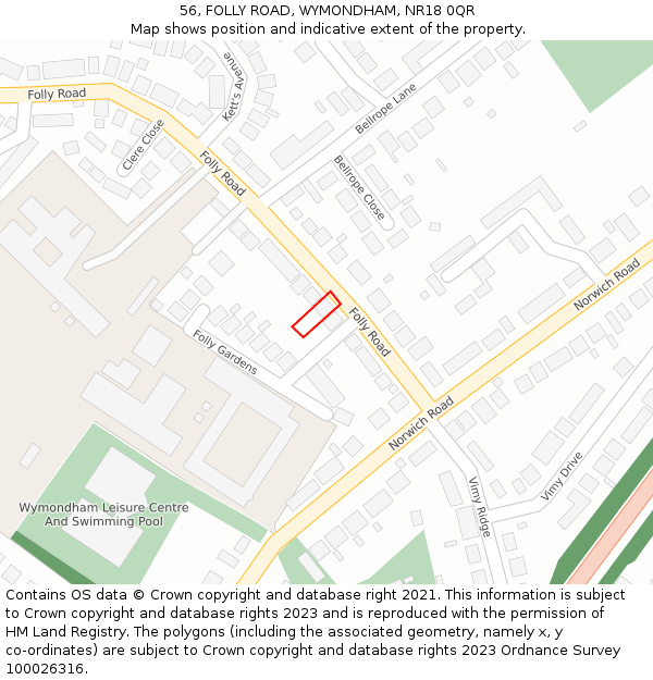 56, FOLLY ROAD, WYMONDHAM, NR18 0QR: Location map and indicative extent of plot