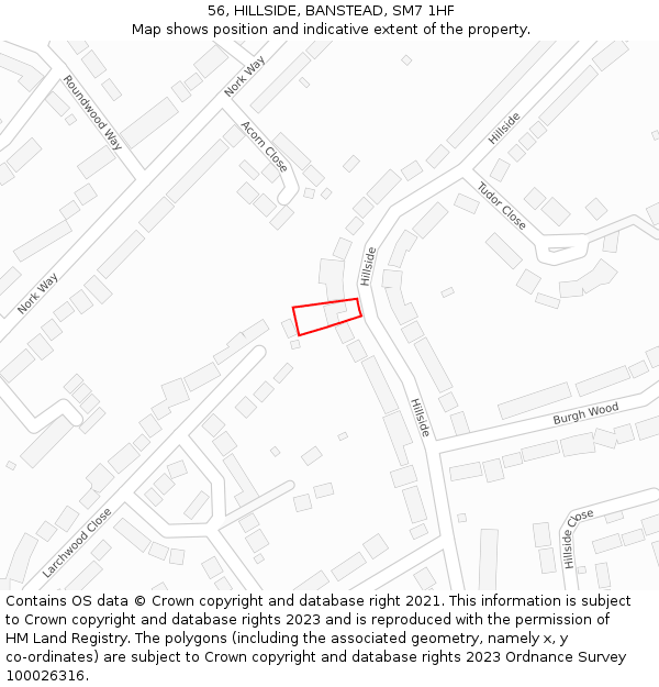 56, HILLSIDE, BANSTEAD, SM7 1HF: Location map and indicative extent of plot