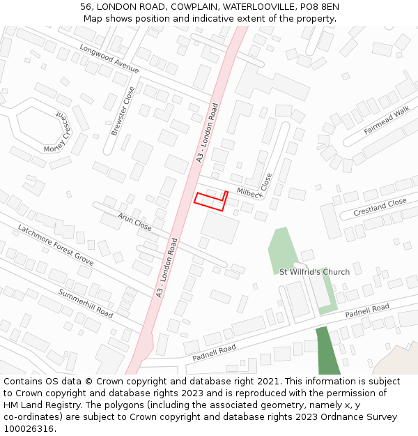 56, LONDON ROAD, COWPLAIN, WATERLOOVILLE, PO8 8EN: Location map and indicative extent of plot