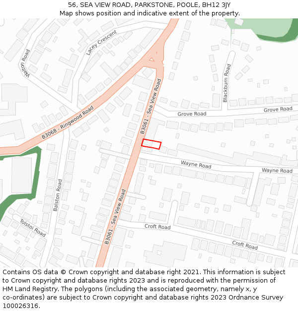 56, SEA VIEW ROAD, PARKSTONE, POOLE, BH12 3JY: Location map and indicative extent of plot