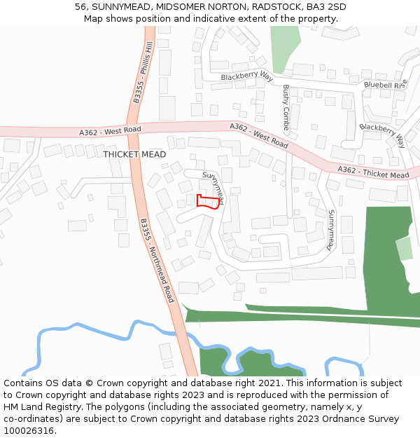 56, SUNNYMEAD, MIDSOMER NORTON, RADSTOCK, BA3 2SD: Location map and indicative extent of plot