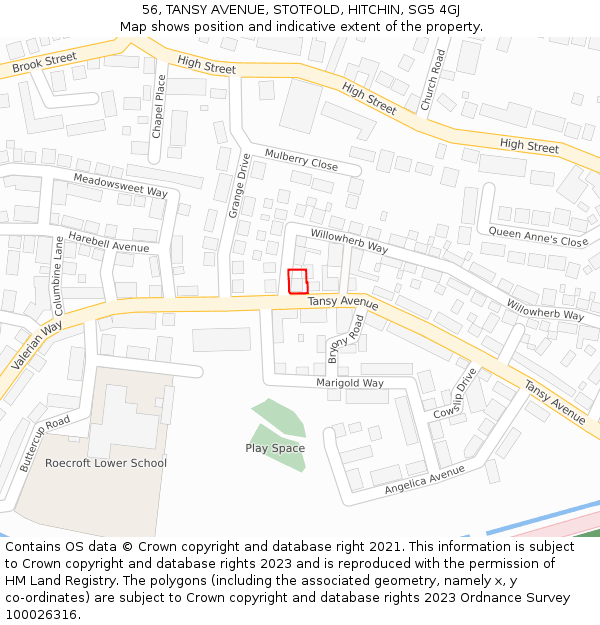 56, TANSY AVENUE, STOTFOLD, HITCHIN, SG5 4GJ: Location map and indicative extent of plot