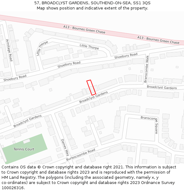 57, BROADCLYST GARDENS, SOUTHEND-ON-SEA, SS1 3QS: Location map and indicative extent of plot