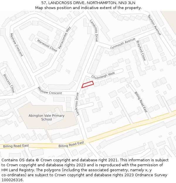 57, LANDCROSS DRIVE, NORTHAMPTON, NN3 3LN: Location map and indicative extent of plot