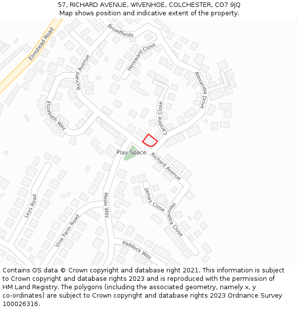 57, RICHARD AVENUE, WIVENHOE, COLCHESTER, CO7 9JQ: Location map and indicative extent of plot