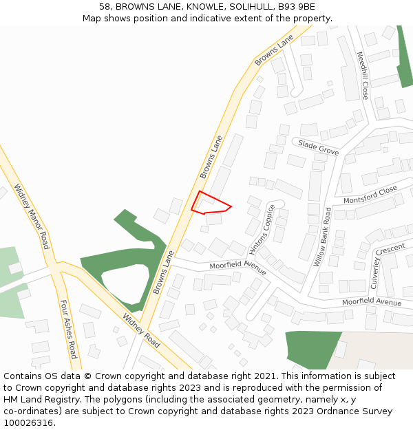 58, BROWNS LANE, KNOWLE, SOLIHULL, B93 9BE: Location map and indicative extent of plot